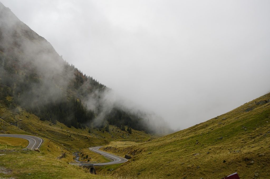 fog, road, mountains